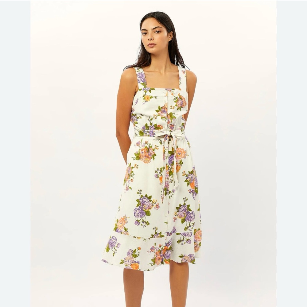 FRNCH Ammi Rose Print Midi Dress Fit & Flare Linen Belted Romantic Women Size M - Picture 12 of 12